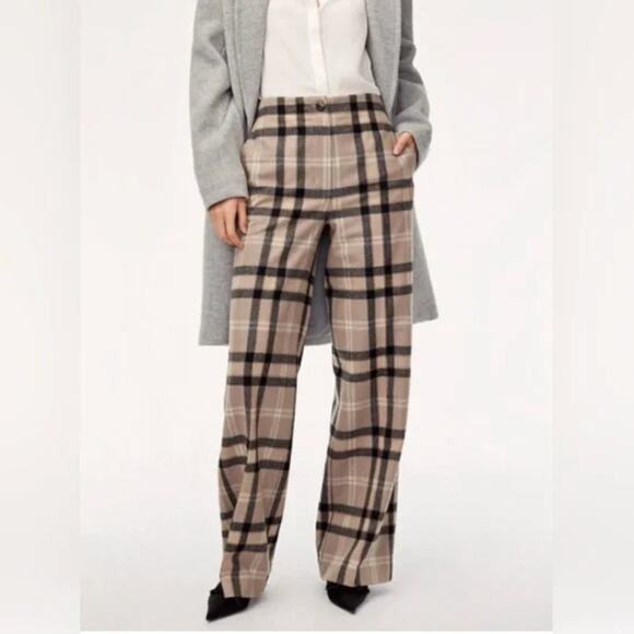 WILFRED x ARITZIA Madalon Wool Flannel Wide Leg Plaid Pant Camel Black {3G27} - Picture 1 of 8